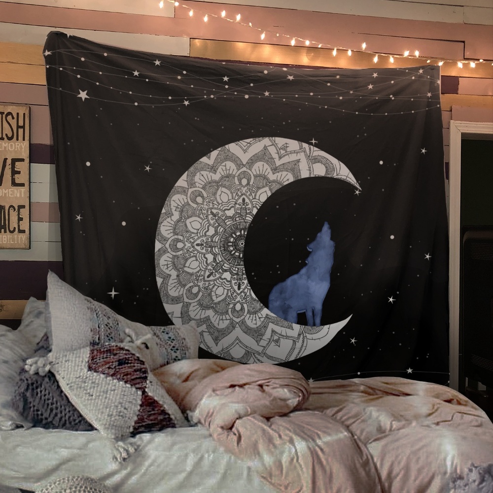 White Moon Wolf Tapestry Blue Distressed Tapestry